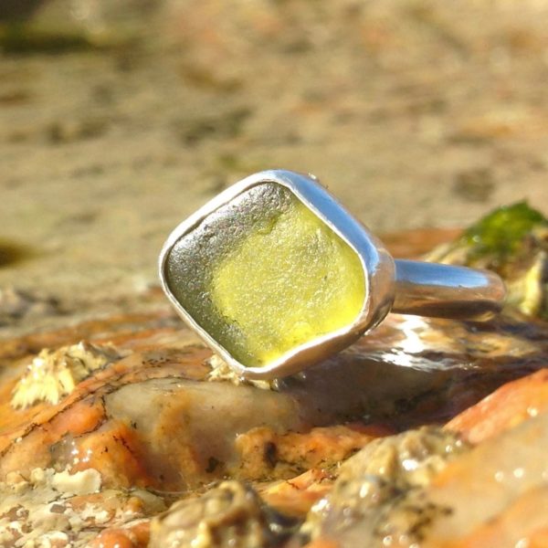 Lime green Guernsey sea glass and sterling silver ring.