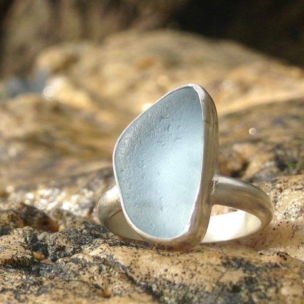 Bespoke pale blue Guernsey sea glass ring with sterling silver band.