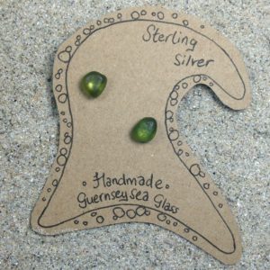 Pale olive Guernsey sea glass earrings with sterling silver studs.