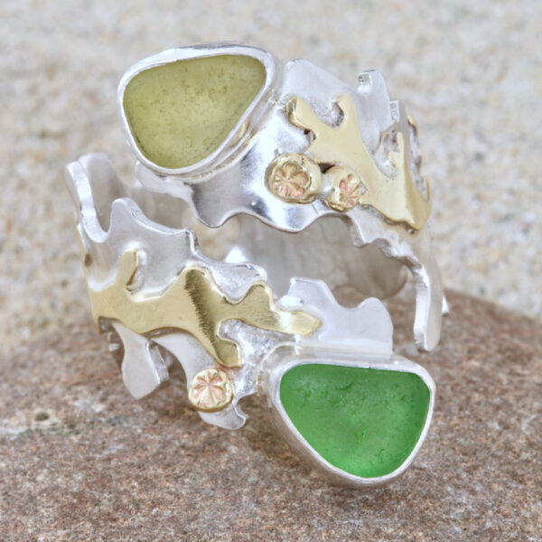 Double Bezel Sterling Silver & Sea Glass Ring: Seaweed & Barnacles