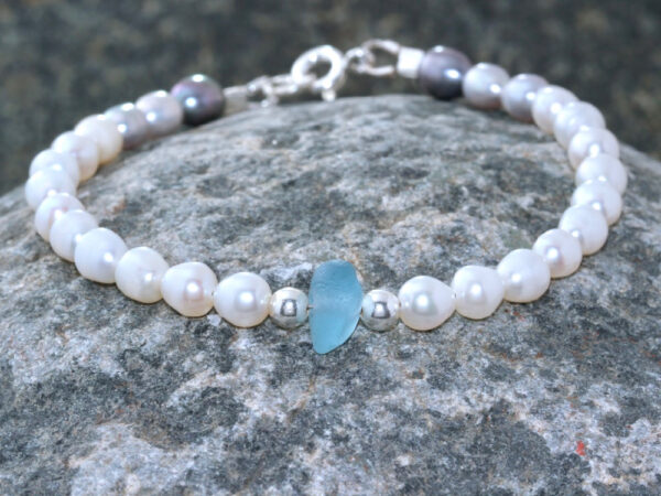 Guernsey sea glass and Freshwater Pearl bracelet with sterling silver.
