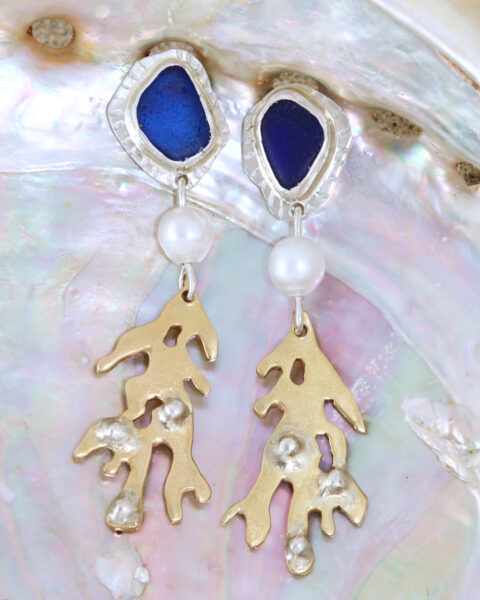 Cobalt Blue seaglass earrings with vraic drop
