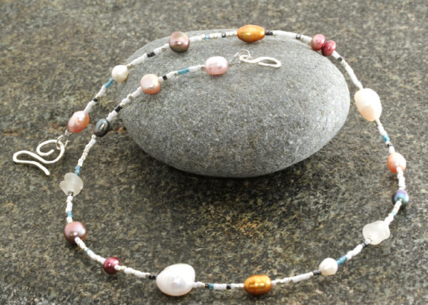Les Houmets Sea Glass & Pearl necklace. Sunset Theme