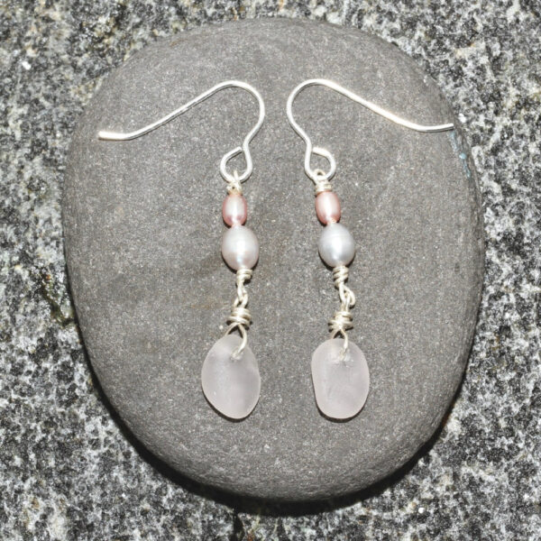 Guernsey sea glass & freshwater pearl sterling silver drop earrings.